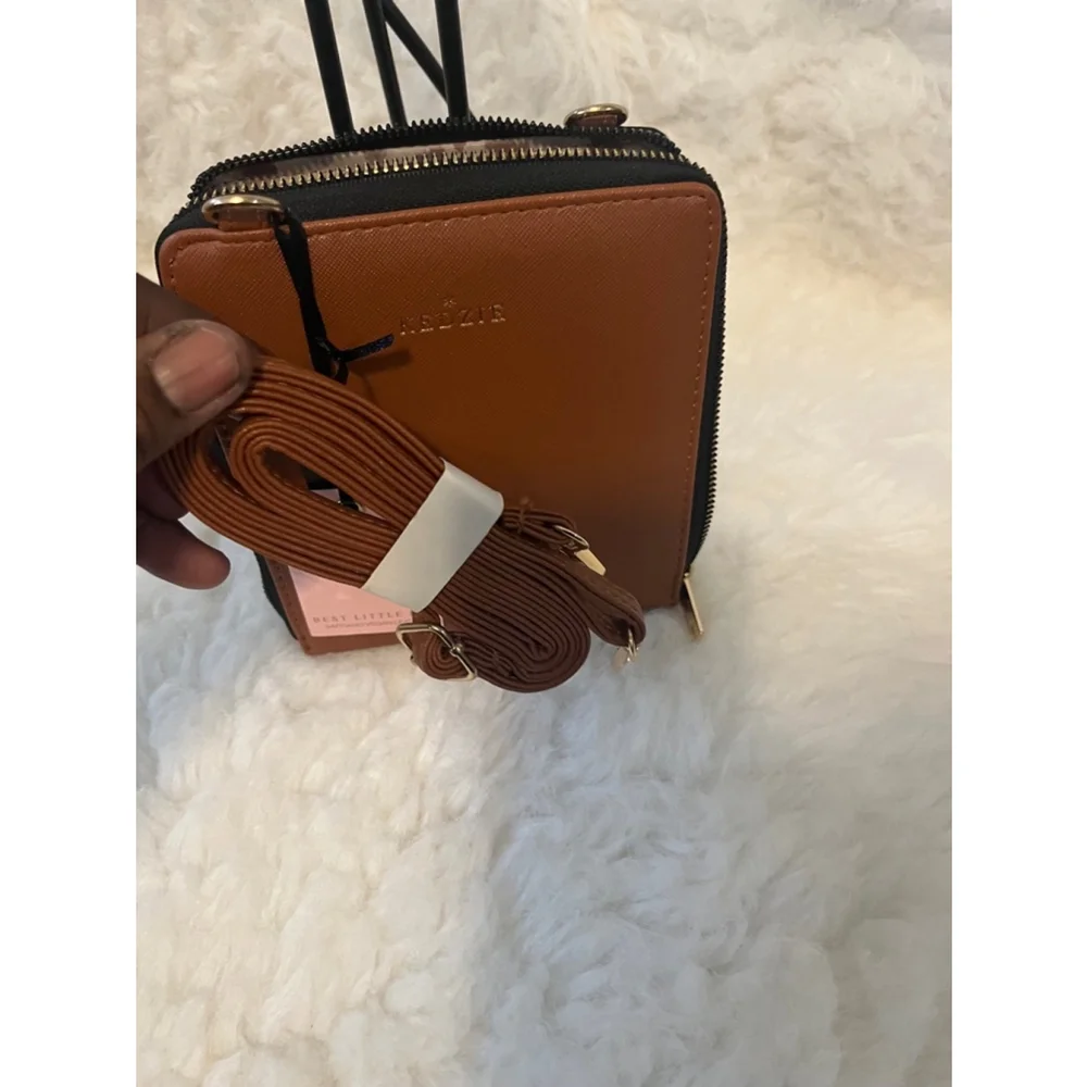 NWT Kedzie Brown Saffiano vegan leather and phone-friendly Crossbody bag Small